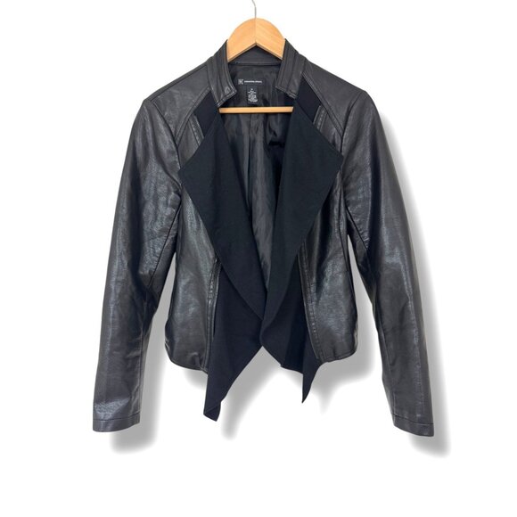 INC Black Faux Leather‎ Moto Cascade Open Jacket Ponte Knit with Pockets Size M - Picture 1 of 7